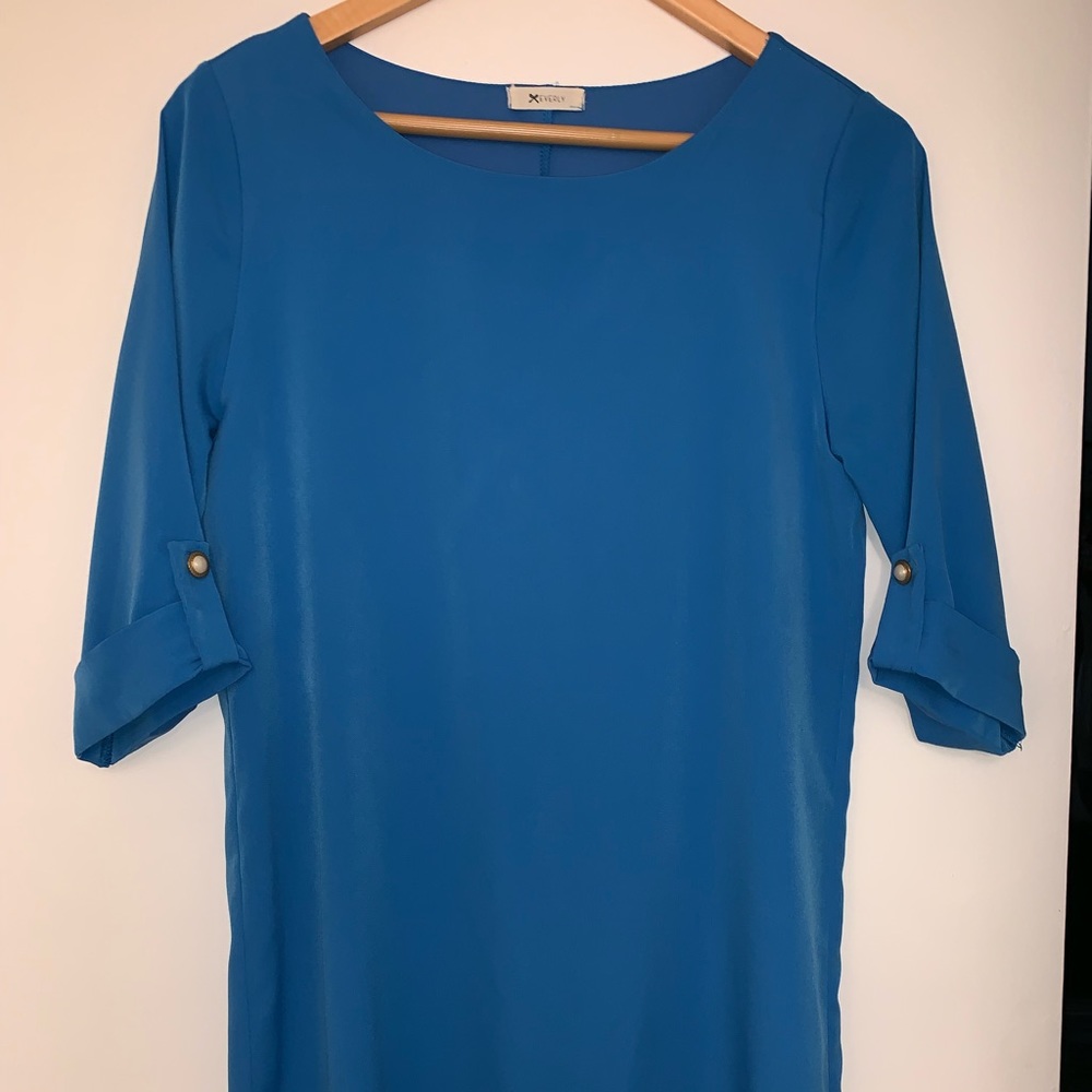 Blue silk like material shift dress